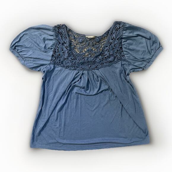 Isabella Rodriguez Women’s Size XL Blue Lace Yoke Short Sleeve Boho Top Blouse - Picture 1 of 6